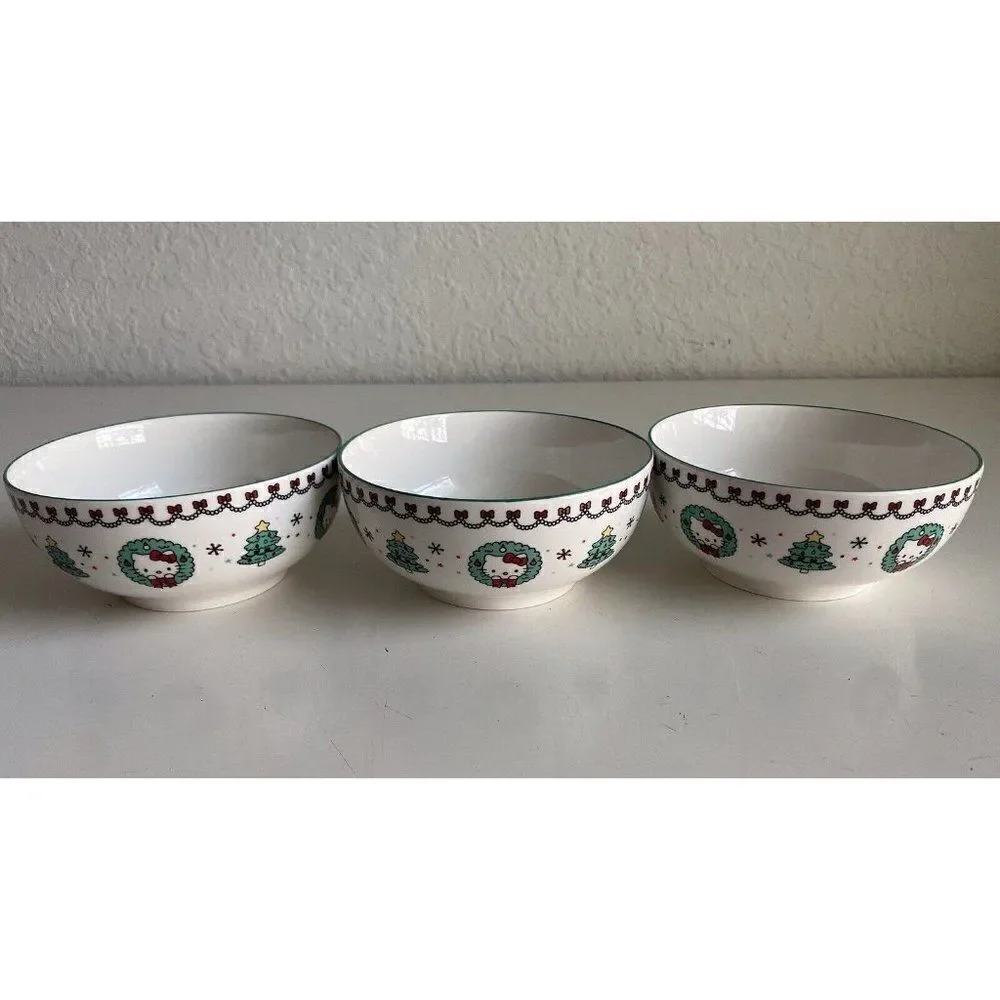 Set Of 3‎ Sanrio Hello Kitty Ceramic 27 Oz Bowl Christmas Tree Dress Snowflake